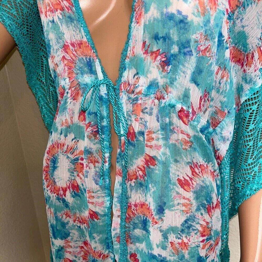 Miken Swim coverup open front single tassel tie dyed wide sleeve wide SZ SM teal